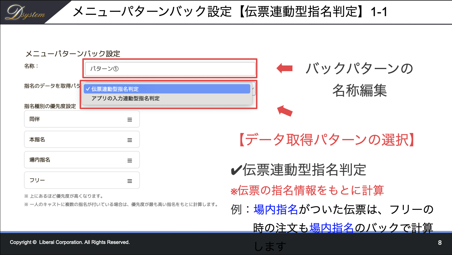 メニューパターンバック設定（伝票連動型指名判定）1-1